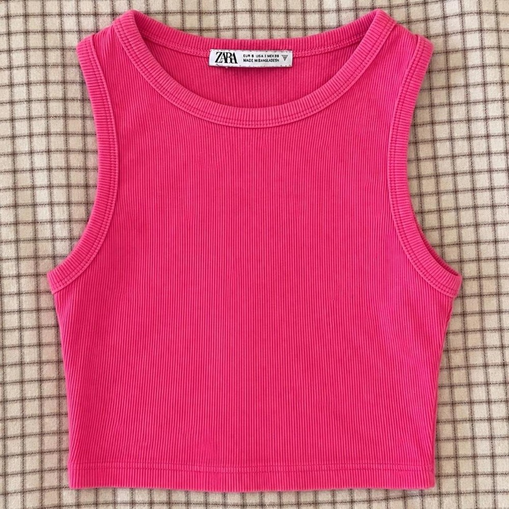 Zara Hot Pink Ribbed Cropped Tank Top — Size S
